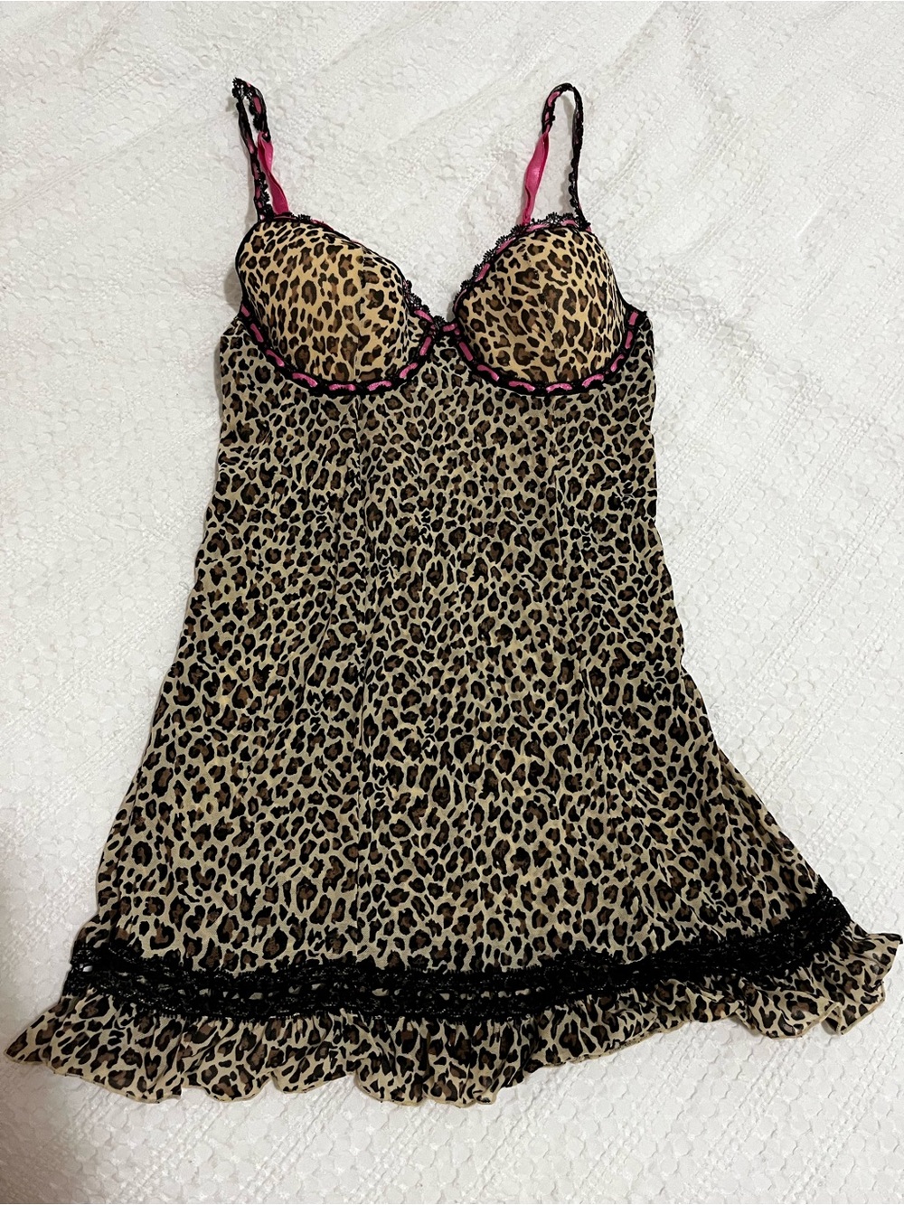 Leopard Print Satin Chemise with Pink Trim